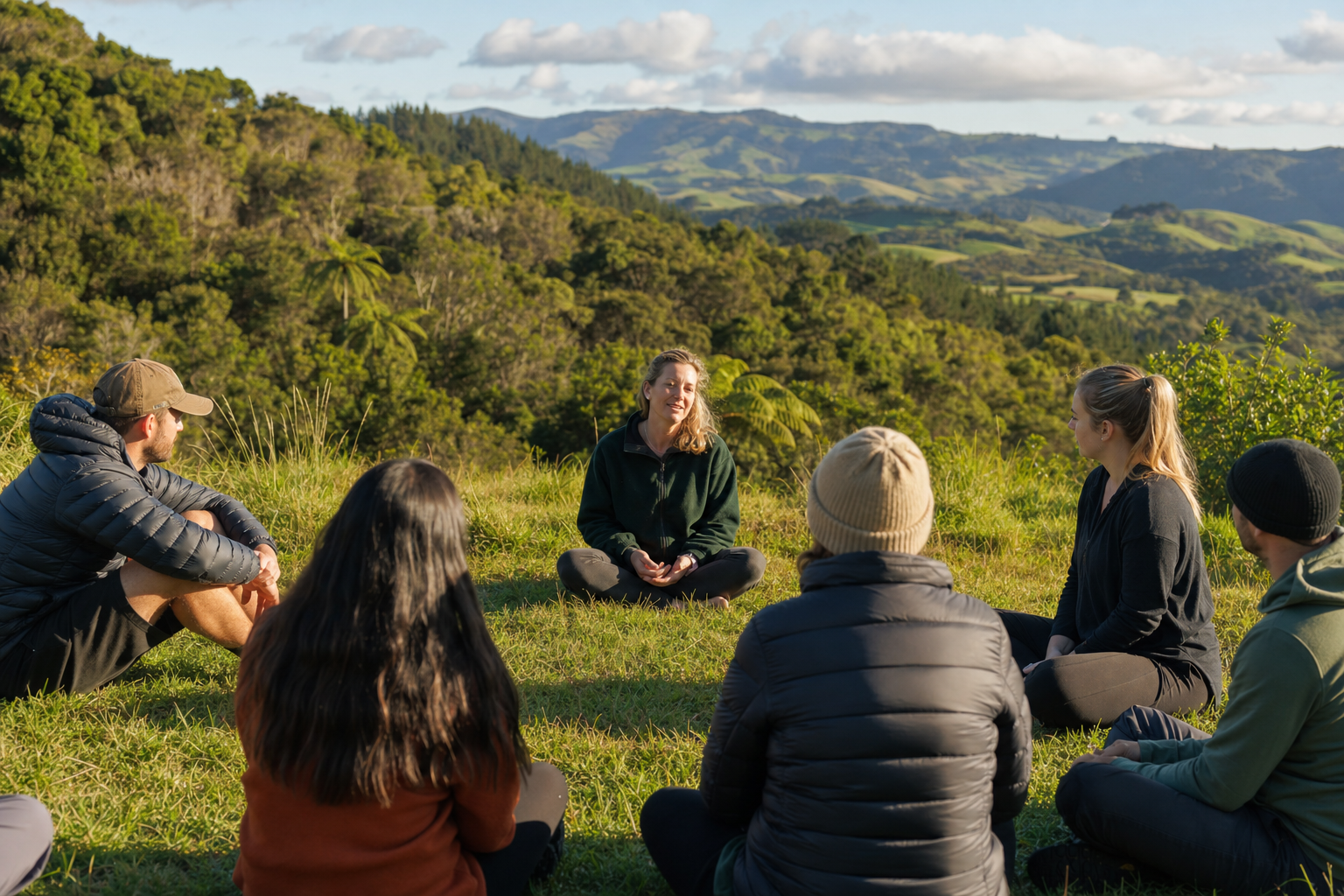 Guided outdoor recovery session in New Zealand hills