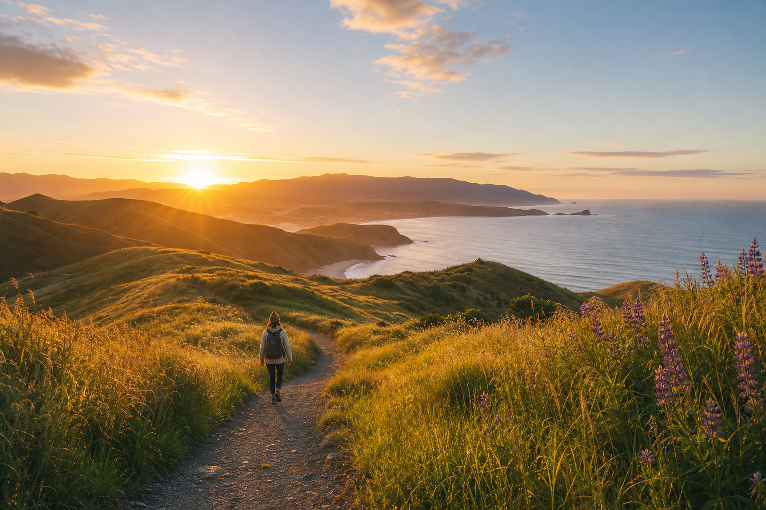 Sunrise meadow path for outdoor mindfulness in New Zealand